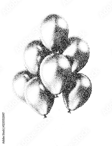 Balloons with halftone stipple effect for grunge punk collage design. Vintage photocopy-style vector with grainy textures and noisy gradation dotwork, creating a bold, distressed aesthetic.