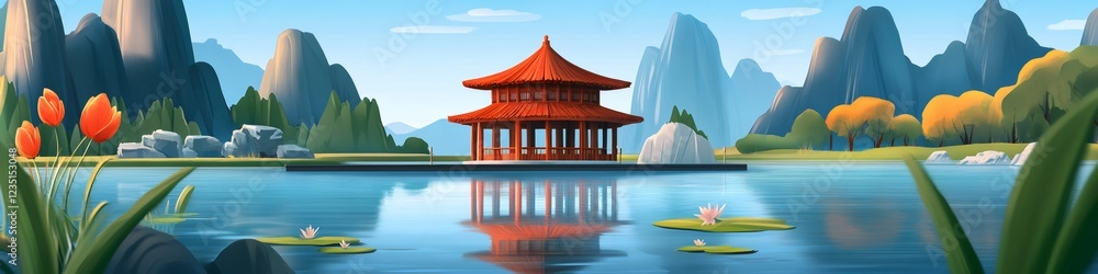 Obraz premium Traditional asian pagoda reflecting on serene lake with mountains and flowers