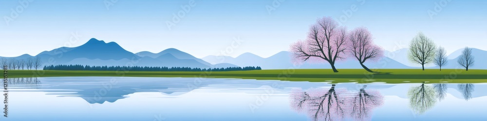Blooming trees reflecting in a lake with mountains in the background Blooming trees reflecting in a lake with mountains in the background