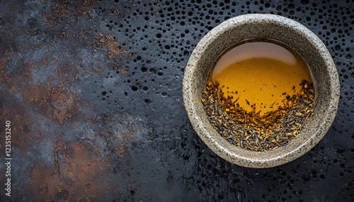 Dried rooibos tea in cstone bowl over black metal background, natural light photo