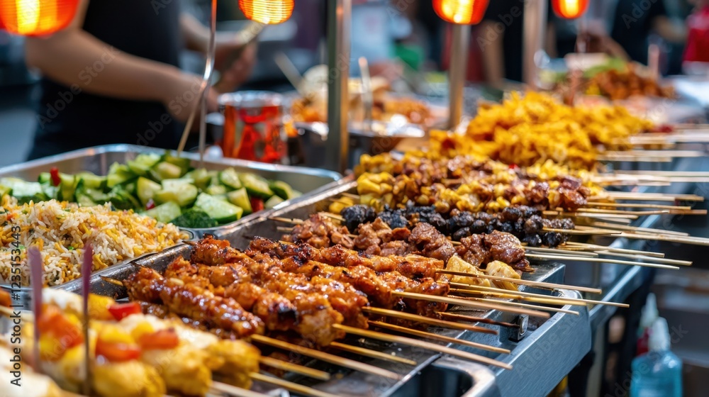 A bustling street food market showcases a variety of grilled meat skewers, fried rice, and fresh vegetables, attracting food lovers eager to taste delightful local cuisine A bustling street food market showcases a variety of grilled meat skewers, fried rice, and fresh vegetables, attracting food lovers eager to taste delightful local cuisine