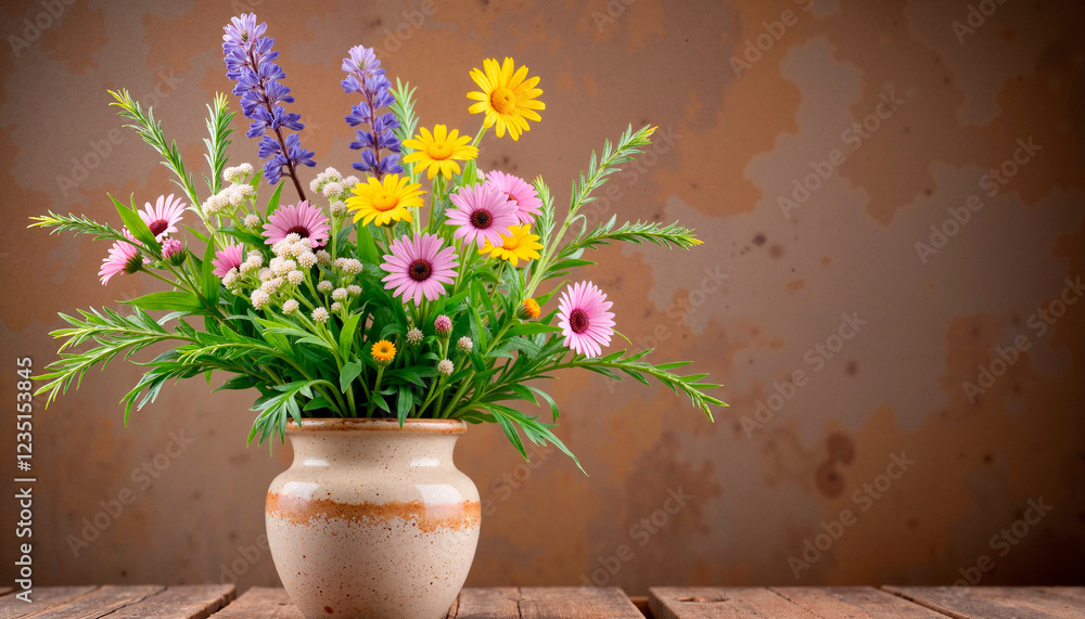 Colorful wildflowers in rustic vase on wooden table, natural beauty Colorful wildflowers in rustic vase on wooden table, natural beauty