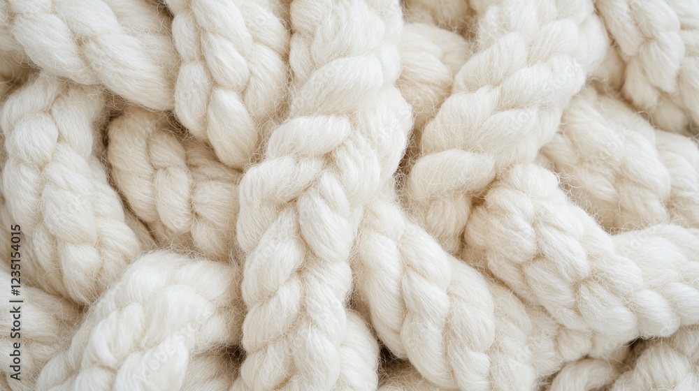 Thick strands of soft white yarn are intricately braided together, creating a warm and inviting texture in a well-lit indoor space. The design exudes comfort and style Thick strands of soft white yarn are intricately braided together, creating a warm and inviting texture in a well-lit indoor space. The design exudes comfort and style