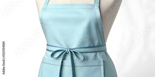 A soft light blue apron with a tied waist is displayed on a mannequin. Designed for kitchen professionals and home chefs, it features a modern, minimalist style with spacious front pockets. photo