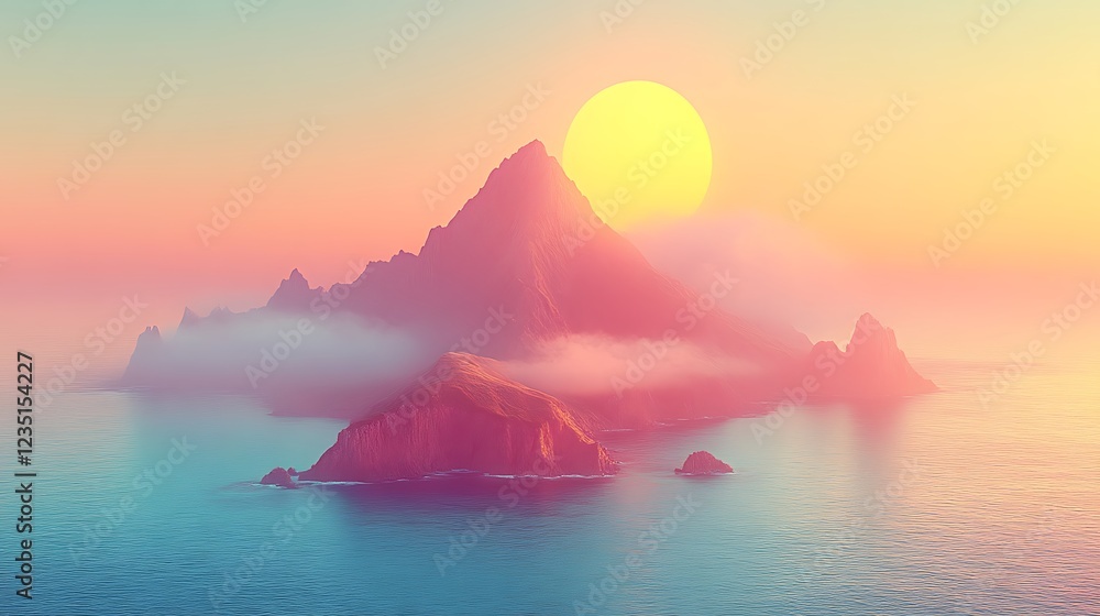 Fototapeta premium Misty Mountains Sunrise Over Calm Ocean Waters
