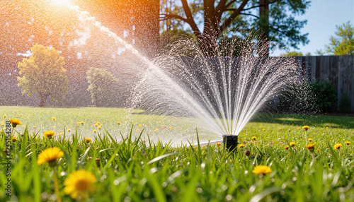 Dynamic sprinkler watering backyard garden in sunlight, summer freshness