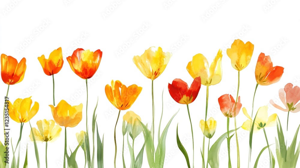 Fototapeta premium Watercolor painting of vibrant yellow and orange tulips on white background