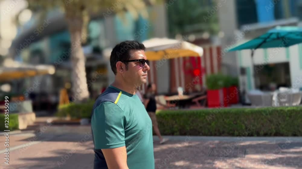 Young man walking Dubai Marina Young man walking Dubai Marina
