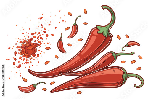  vibrant red chili peppers, explosive spice splash, dynamic food photography, white background, high-speed capture, culinary art, crisp details, floating pepper flakes, green stems, fiery composition,