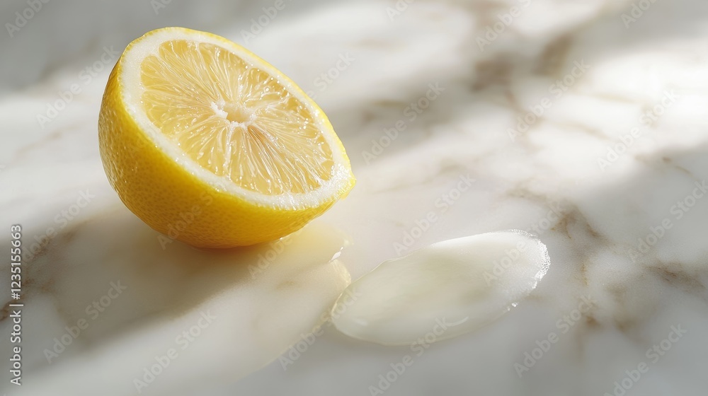 Freshly cut lemon on marble surface for culinary marketing campaigns Freshly cut lemon on marble surface for culinary marketing campaigns