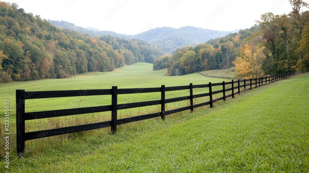 Autumnal valley farmland, fence, pastoral scene; postcard, calendar Autumnal valley farmland, fence, pastoral scene; postcard, calendar