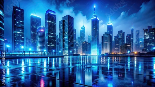 Electric blue cityscape at night with skyscrapers and neon lights reflecting off the wet pavement, neon lights, urban nightlife, skyscrapers, vibrant colors, urban landscape