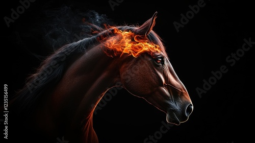 A striking horse head is depicted with flames emanating from its mane, set against a stark black background. The artwork emphasizes the majestic beauty and strength of the animal photo