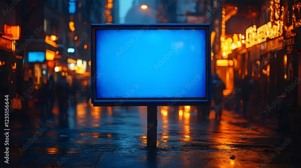A large billboard is lit up in the night with a blue background A large billboard is lit up in the night with a blue background