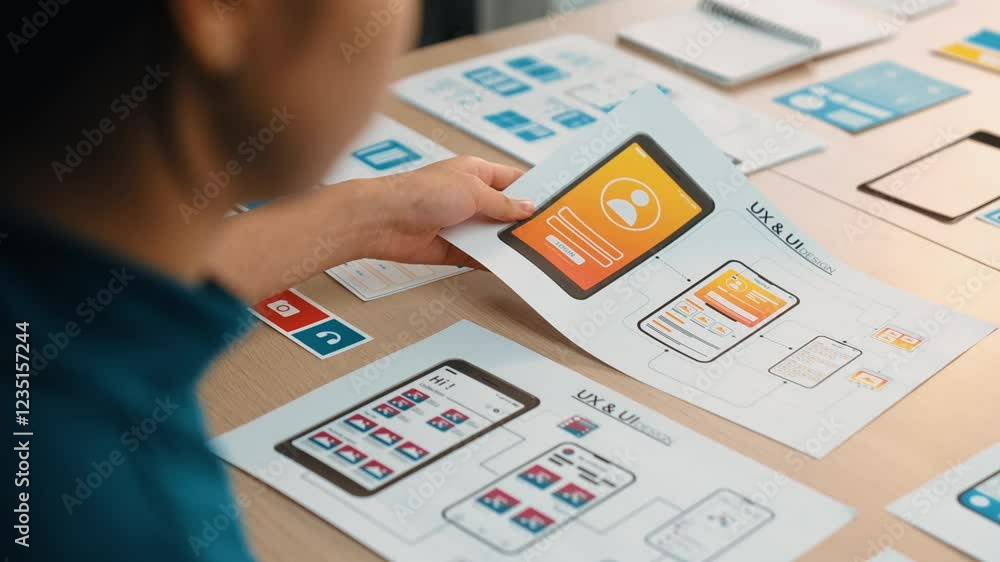 Excellent startup company employee planning for user interface prototype for mobile application or website in office with model on desk. UX UI designer consider user friendly interface plan. Synergic Excellent startup company employee planning for user interface prototype for mobile application or website in office with model on desk. UX UI designer consider user friendly interface plan. Synergic