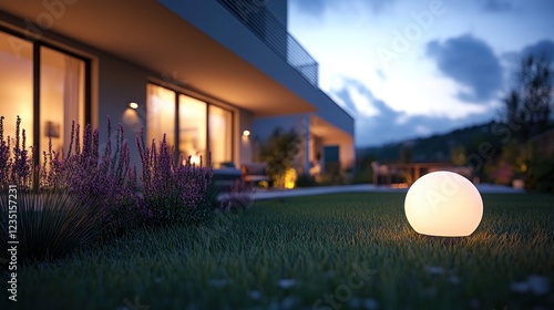 Modern apartment exterior illuminated garden at dusk photo