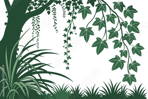 Lush green ivy, cascading foliage, hanging plants, tropical leaves, dense vegetation, garden border, natural canopy, organic texture, vibrant greenery, heart-shaped leaves, climbing vines, botanical b