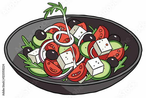  Fresh Greek salad, vibrant colors, cherry tomatoes, cucumber slices, feta cheese cubes, red onion, black olives, green herbs, olive oil dressing, dark ceramic plate, white background, high contrast, 