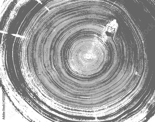 Gray ink stamp impression of end grain of wood slab. Tree rings art with texture and cracked surface.