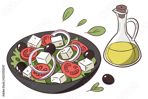  Fresh Greek salad, vibrant colors, cherry tomatoes, cucumber slices, feta cheese cubes, red onion, black olives, green herbs, olive oil dressing, dark ceramic plate, white background, high contrast, 