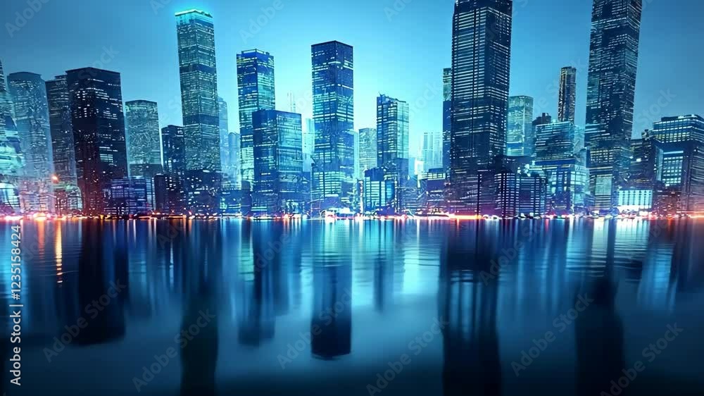 Futuristic Cityscape at Night Modern Skyscrapers Blue Lights Waterfront Reflection Futuristic Cityscape at Night Modern Skyscrapers Blue Lights Waterfront Reflection