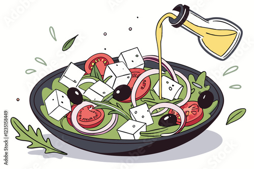  Fresh Greek salad, vibrant colors, cherry tomatoes, cucumber slices, feta cheese cubes, red onion, black olives, green herbs, olive oil dressing, dark ceramic plate, white background, high contrast, 
