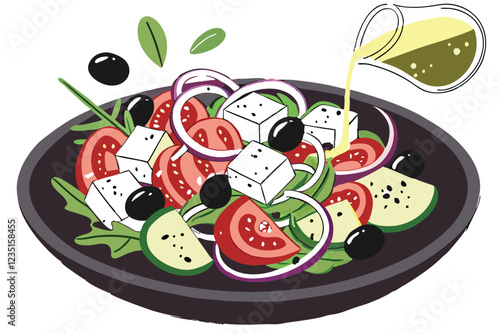  Fresh Greek salad, vibrant colors, cherry tomatoes, cucumber slices, feta cheese cubes, red onion, black olives, green herbs, olive oil dressing, dark ceramic plate, white background, high contrast, 