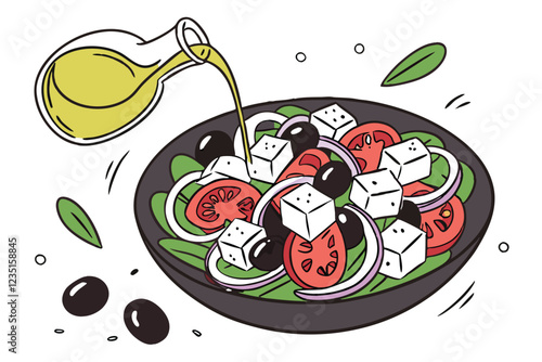  Fresh Greek salad, vibrant colors, cherry tomatoes, cucumber slices, feta cheese cubes, red onion, black olives, green herbs, olive oil dressing, dark ceramic plate, white background, high contrast, 