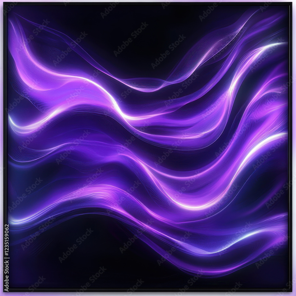 A modern digital artwork capturing fluid, elegant waves of luminous violet light cascading over a sleek, dark surface A modern digital artwork capturing fluid, elegant waves of luminous violet light cascading over a sleek, dark surface