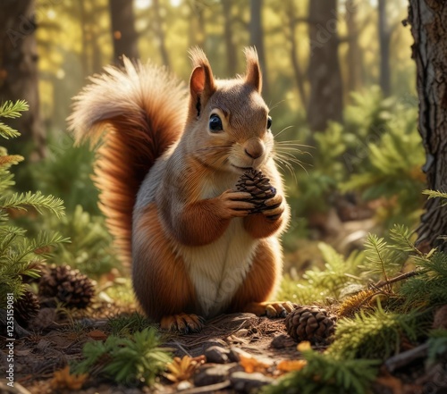 endearing squirrel clutches a small pine cone as it scurries through the crunchy autumn underbrush, outdoor photography, forest floor photo