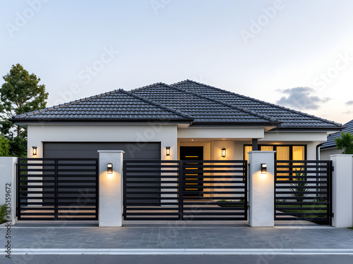 Modern house with black gate, garage, and sleek exterior design.