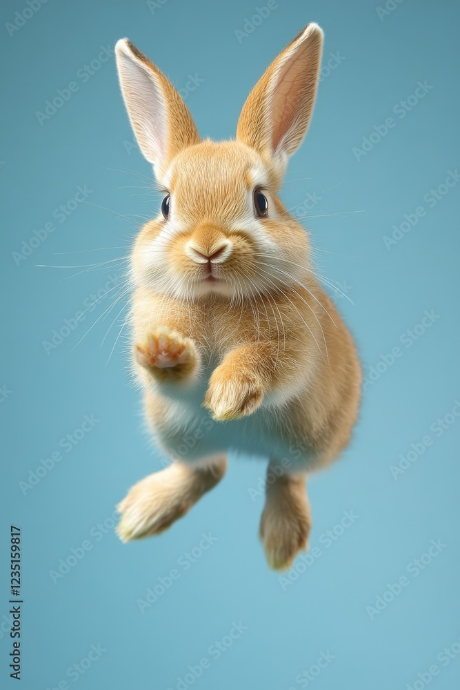 Fototapeta premium Adorable rabbit captured mid-jump with a calm blue background, showcasing its playful nature and lively personality.