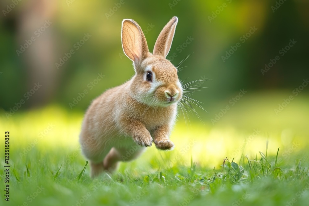 A cute rabbit joyfully hops on the vibrant green grass under bright sunlight, capturing a playful and lively moment. A cute rabbit joyfully hops on the vibrant green grass under bright sunlight, capturing a playful and lively moment.