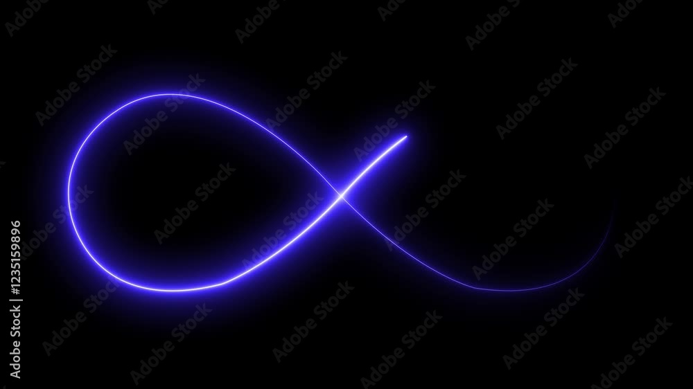 Glowing infinity sign on black background. Animation of seamless loop Neon glowing blue light isolated on black background. Eternity concept.