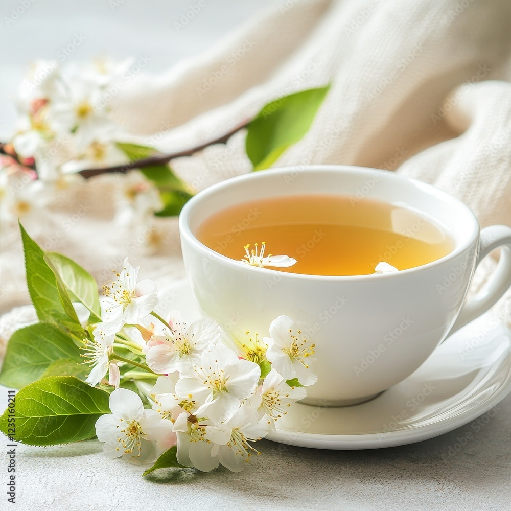 Cup of green tea with cherry blossoms on a light background Cup of green tea with cherry blossoms on a light background