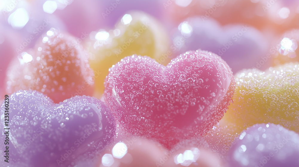 Obraz premium Colorful pastel candy hearts covered in tiny sparkling bubbles, creating a soft, dreamy, and romantic atmosphere.