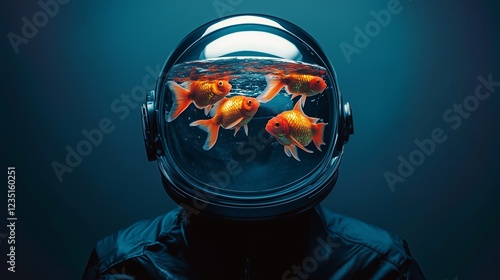 A creative depiction of goldfish swimming inside an astronaut's helmet, blending marine and space themes in surreal art. photo