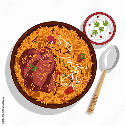 Hyderabadi Biryani Bowl with Meat and Garnishes – Vector Illustration