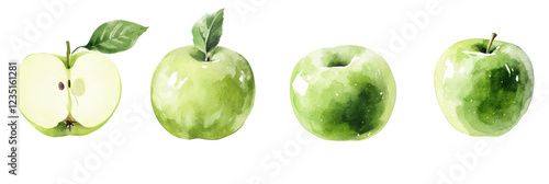 Watercolor green apples with leaves showcasing whole and sliced views in artistic style png