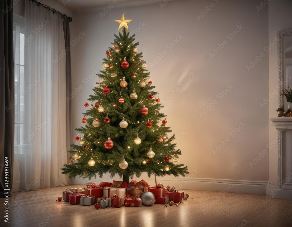 Festive Christmas tree with ornaments and lights, holly berries, holiday season Festive Christmas tree with ornaments and lights, holly berries, holiday season