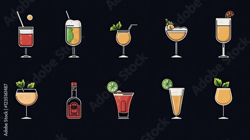 Wallpaper Mural Alcoholic cocktail icons set, including beer, mojito, and whiskey. - Torontodigital.ca