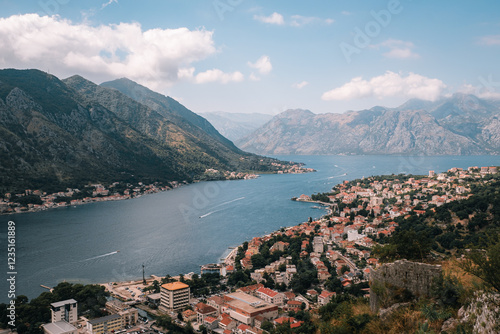 Kotor city panorama with mountains and traditional buildings. Montenegro. 