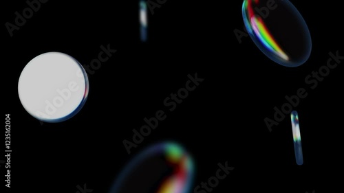 Geometric abstract figures with dispersion glass shape from hologram light material. Modern, minimalistic, black motion background, square, triangle, circle, sphere, star