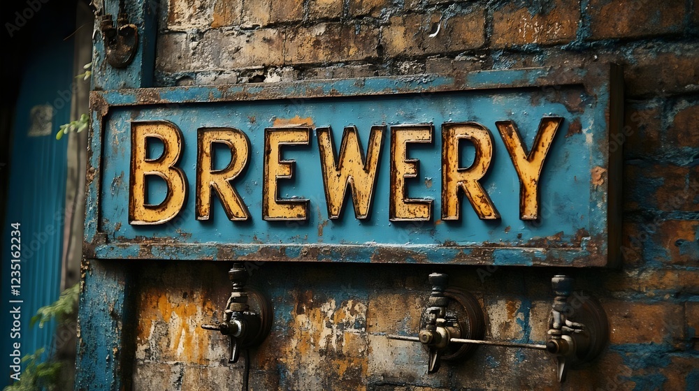 A sign for a brewery is hanging on a brick wall A sign for a brewery is hanging on a brick wall