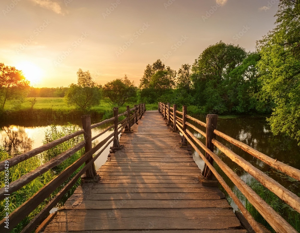 Fototapeta premium A traditional wooden bridge over a tranquil river, surrounded by lush greenery and a peaceful atmosphere.