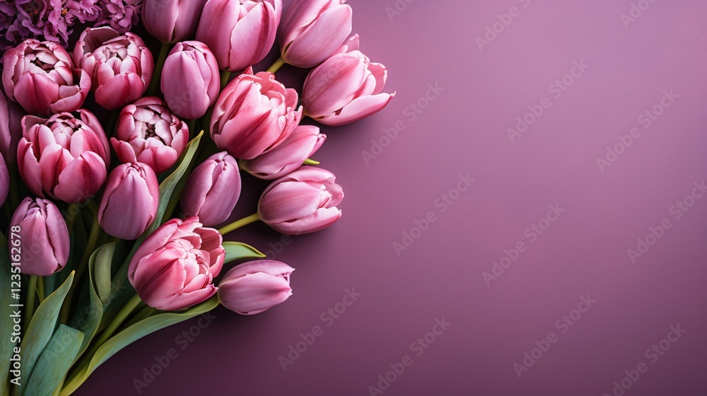 Flat lay of purple tulips with copy space Flat lay of purple tulips with copy space