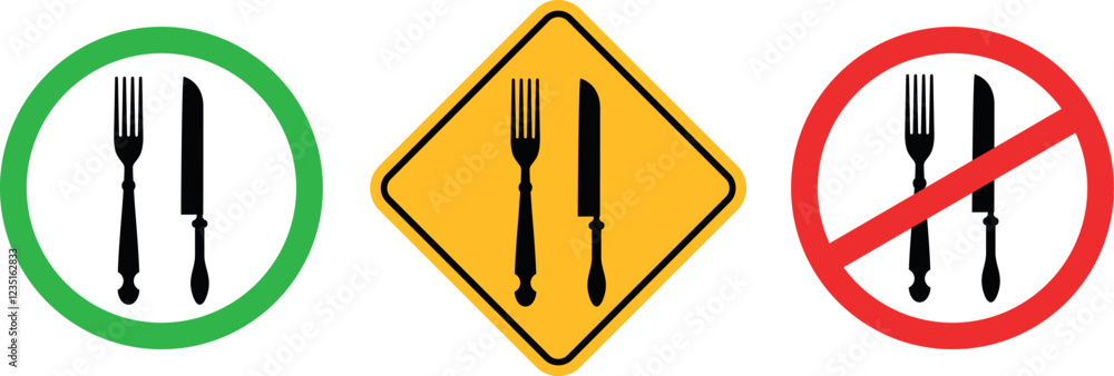 Prohibition sign set for eating. Isolated kitchen accessories on white background. Food Prohibition sign set for eating. Isolated kitchen accessories on white background. Food