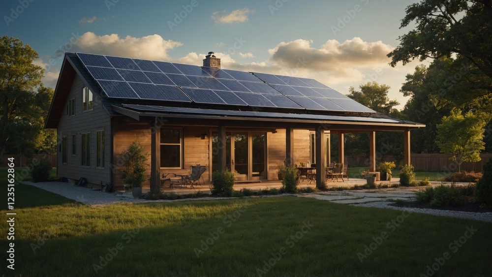 A beautifully designed sustainable wooden home with solar panels on the roof harnesses renewable energy, combining modern eco-friendly technology with rustic charm in a serene countryside setting A beautifully designed sustainable wooden home with solar panels on the roof harnesses renewable energy, combining modern eco-friendly technology with rustic charm in a serene countryside setting