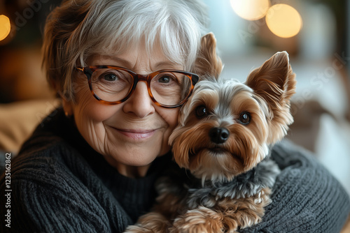 An elderly lady wearing glasses holds her small dog on her lap and smiles warmly at the camera. National Pet Day.
