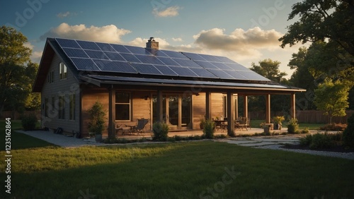 Wallpaper Mural A beautifully designed sustainable wooden home with solar panels on the roof harnesses renewable energy, combining modern eco-friendly technology with rustic charm in a serene countryside setting Torontodigital.ca